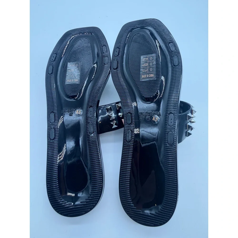 Lauren Lorraine Black Patent Jelly Studded Slide Sandals Silver Pyramid Stud 8.5